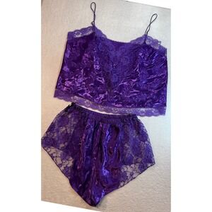 Vintage Intimate Attitudes Purple Satin Lace Cami Tap Pant Set 2X Made in USA